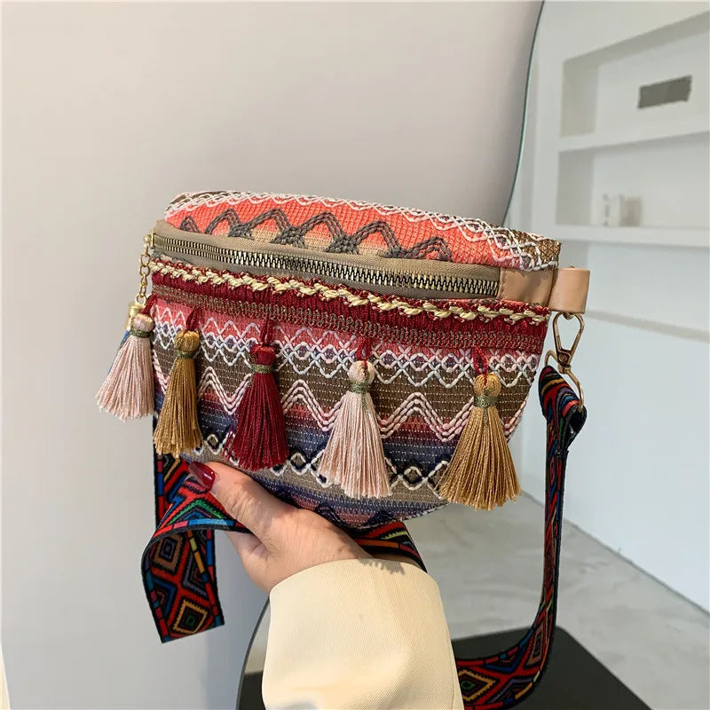Boho Style Women Waist Bag Adjustable Strap Zipper Chest Bag