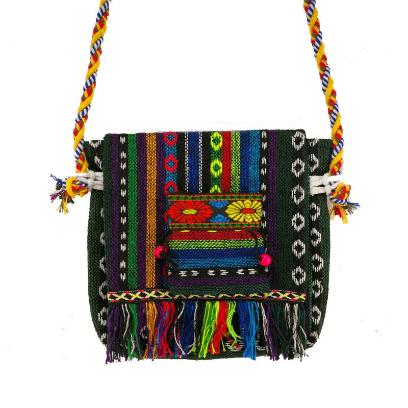 Bohemian Retro Canvas Crossbody Bag with Christmas Snowflake Tassel Pattern