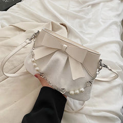 Sweet PU Leather Handbag with Pearls Beading