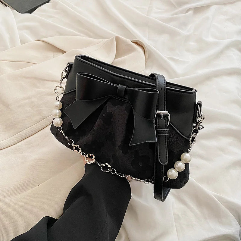 Sweet PU Leather Handbag with Pearls Beading