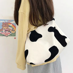 Canvas Shoulder Bag with Bow Pattern Large Capacity Tote