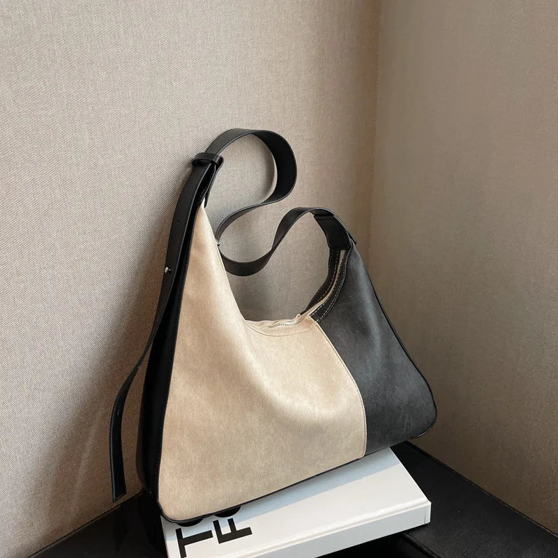 PU Leather Women's Shoulder Bag Contrast Crossbody Bag Half Moon Handbag