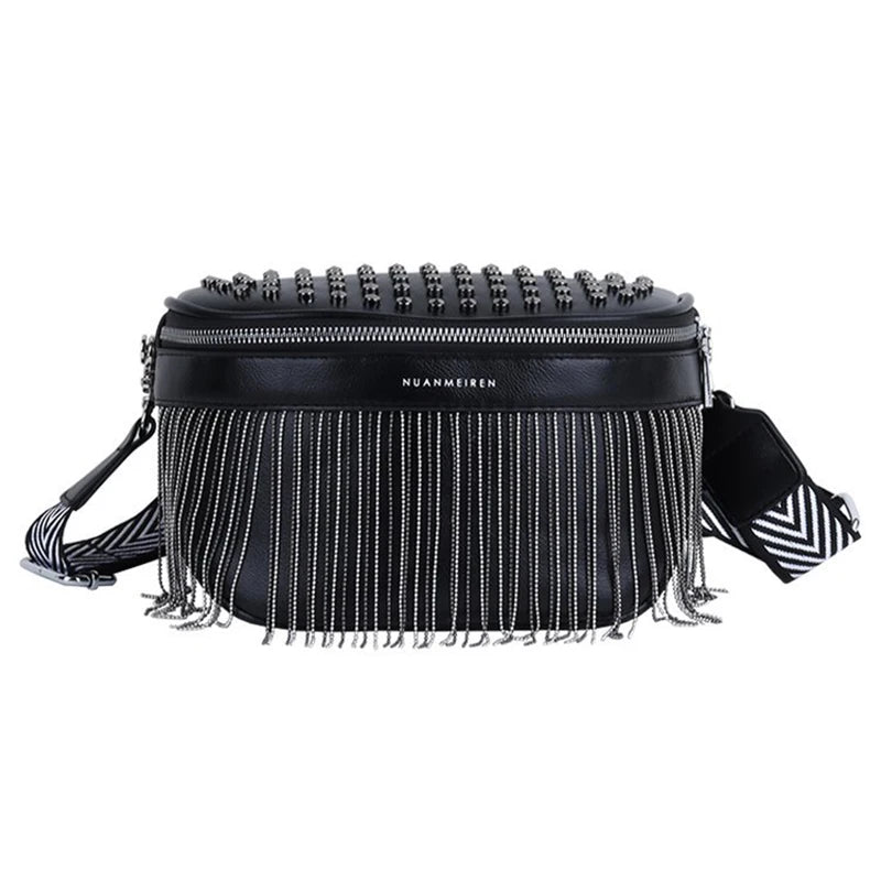 Women Chest Bag Tassel PU Leather Large Capacity Crossbody Chest Bag Zipper Bag