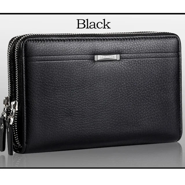 Men Clutch Bag Wallet Leather Double Zipper Business Purse Brown
