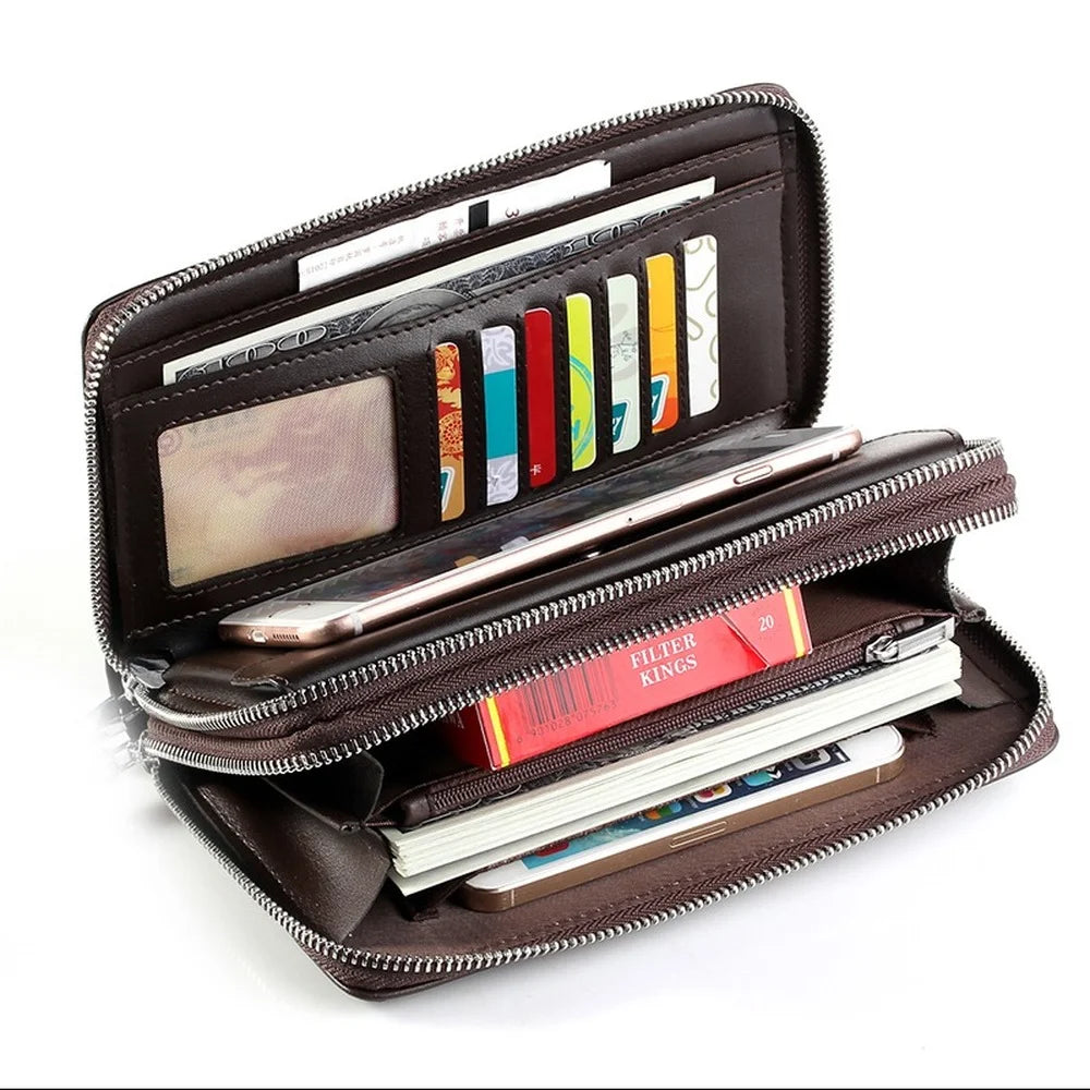 Men Clutch Bag Wallet Leather Double Zipper Business Purse Brown