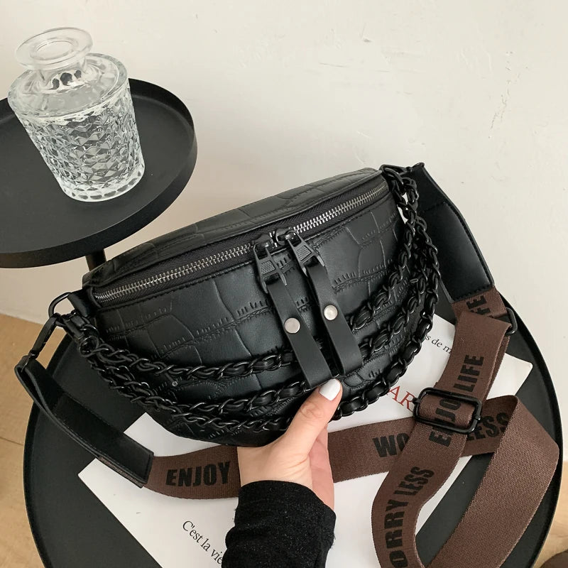 Women's Leather Waist Bag High Chest Chain Crossbody Fanny Pack