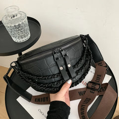 Women's Leather Waist Bag High Chest Chain Crossbody Fanny Pack
