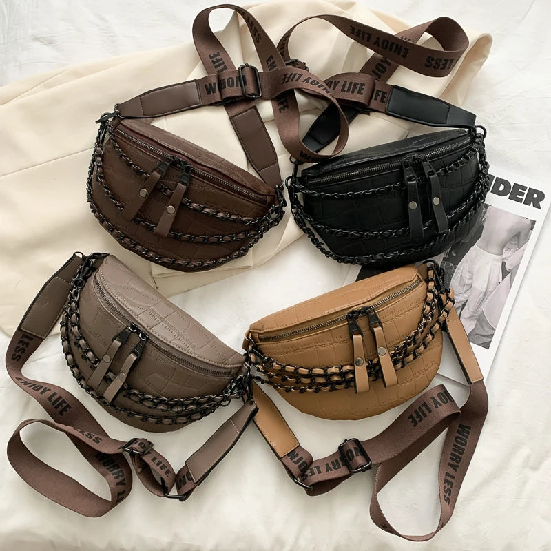 Women's Leather Waist Bag High Chest Chain Crossbody Fanny Pack
