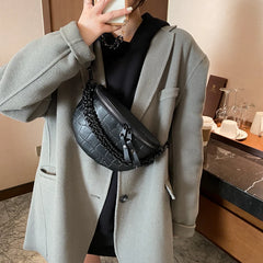 Women's Leather Waist Bag High Chest Chain Crossbody Fanny Pack
