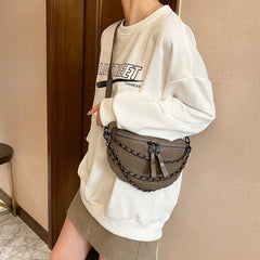 Women's Leather Waist Bag High Chest Chain Crossbody Fanny Pack