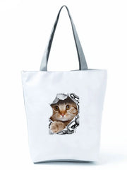 Cat Printed Storage Handbag Large Capacity Reusable Shoulder Shopping Bag