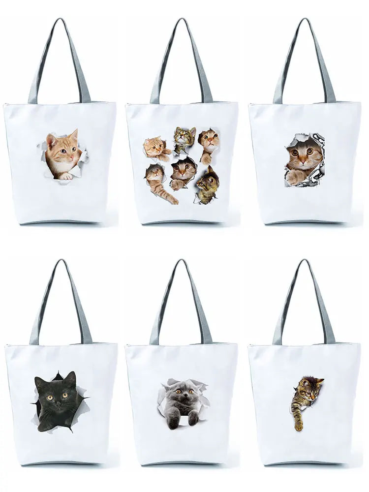 Cat Printed Storage Handbag Large Capacity Reusable Shoulder Shopping Bag