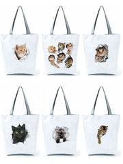 Cat Printed Storage Handbag Large Capacity Reusable Shoulder Shopping Bag