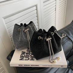 Rhinestone Shoulder Bag Drawstring Bucket Handbag
