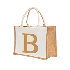 Brown Letters Pattern Burlap Bag Foldable Shoulder Bags Portable Canvas Bags