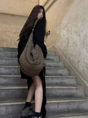 Brown Nylon Tote Bag Women Casual Zipper Shoulder Handbag Crossbody