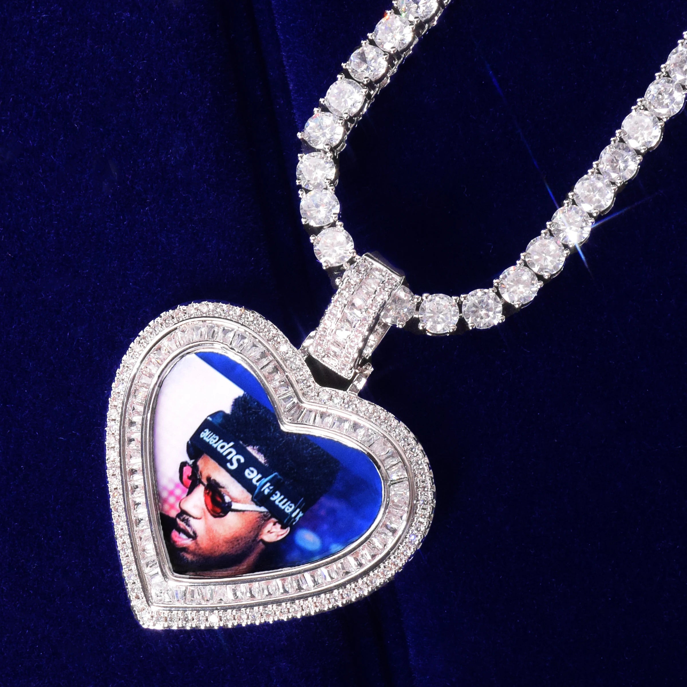 Bubble Letter Photo Necklace for Men Baguette Charms Hip Hop Jewelry