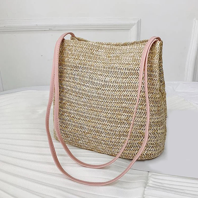 Vintage Woven Straw Beach Tote Bag Bohemian Summer Handbag