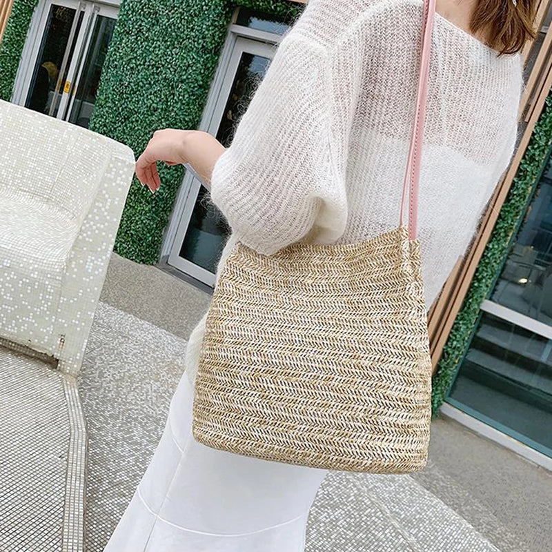 Vintage Woven Straw Beach Tote Bag Bohemian Summer Handbag
