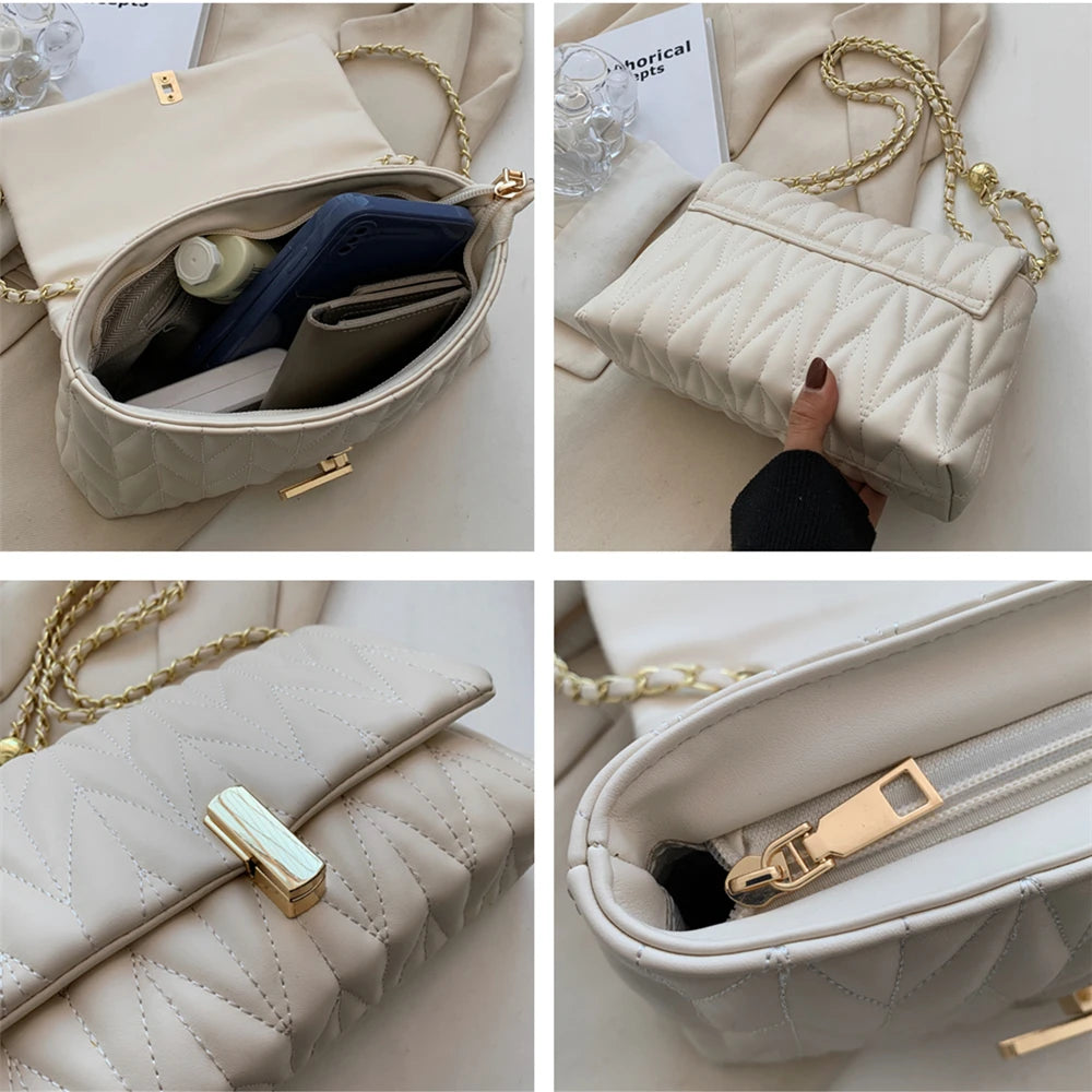 Quilted Shoulder Side Bags Women PU Leather Flap Crossbody Square Handbags