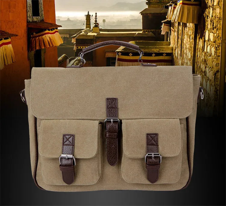 Men Office Bag Canvas Briefcase Document Tote Vintage Leather