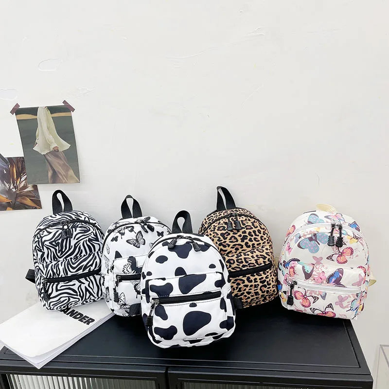 Butterflies Mini Backpack Women Girls Cow Print Zipper Nylon Adjustable S