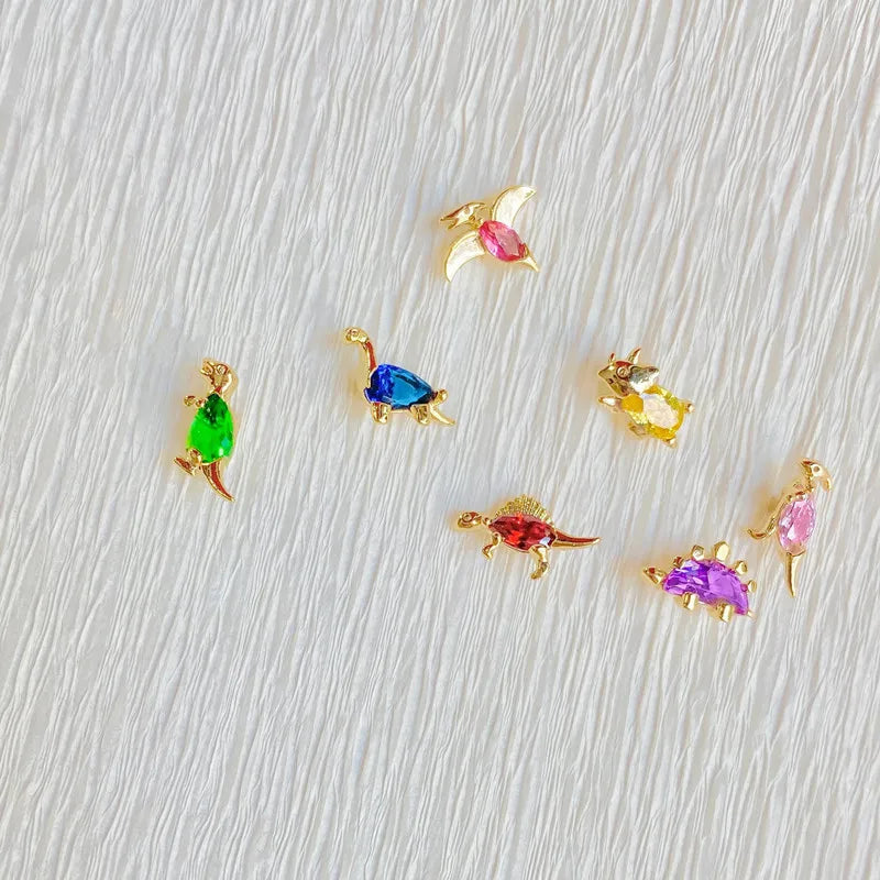 925 Silver Dinosaur Stud Earrings Set w/ Zircon, Colorful Animal Jewelry