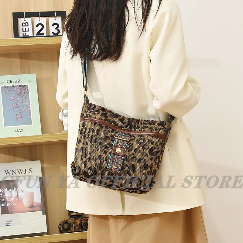 Vintage Leopard Women Shoulder Bag Teenager Girl Bucket Bag