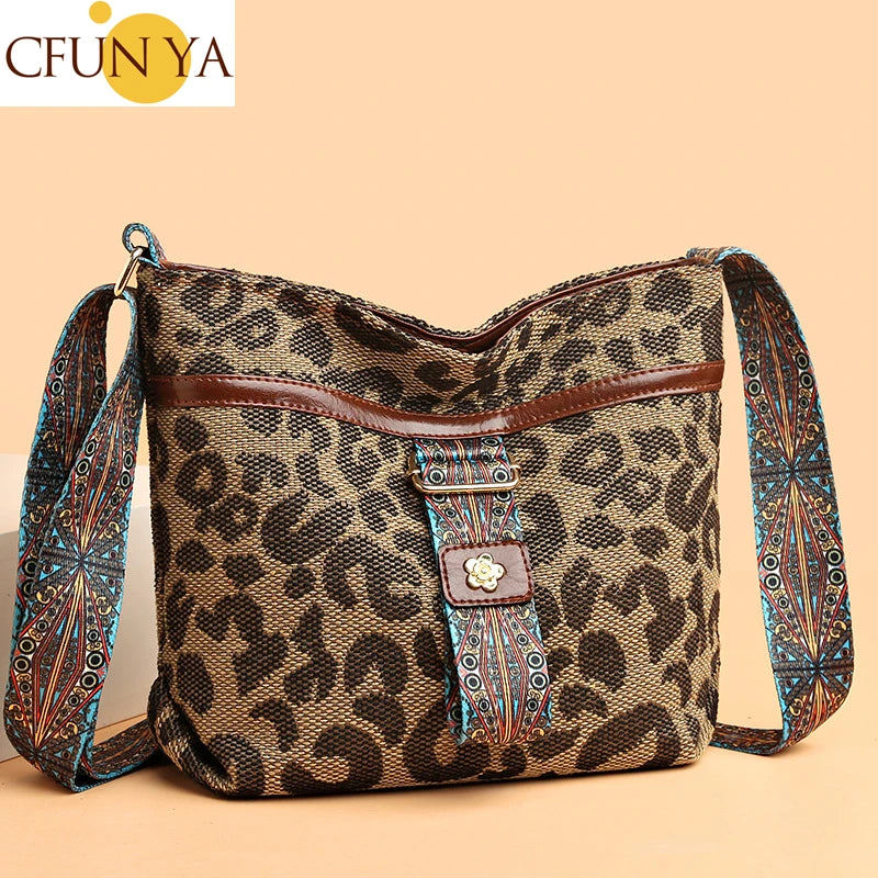 Vintage Leopard Women Shoulder Bag Teenager Girl Bucket Bag