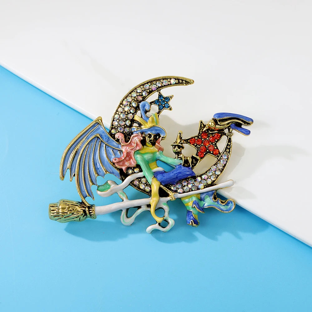 Enamel Witch On Moon Brooch Large Halloween Pin