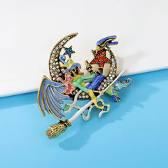 Enamel Witch On Moon Brooch Large Halloween Pin