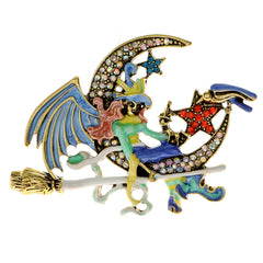 Enamel Witch On Moon Brooch Large Halloween Pin