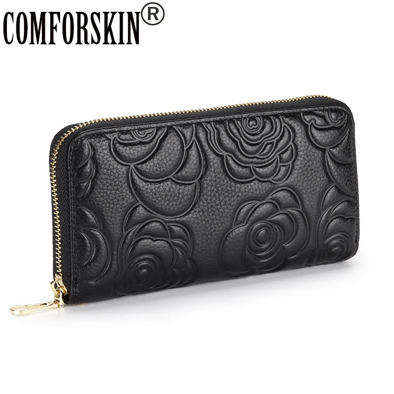 Cowhide Leather Long Embossing Wallet For Women