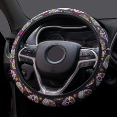 Colorful Skull Print Steering Wheel Cover Universal Sugar Skull Cover