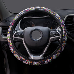 Colorful Skull Print Steering Wheel Cover Universal Sugar Skull Cover