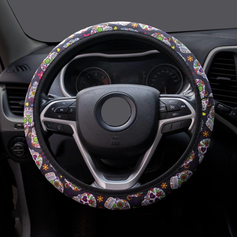 Colorful Skull Print Steering Wheel Cover Universal Sugar Skull Cover