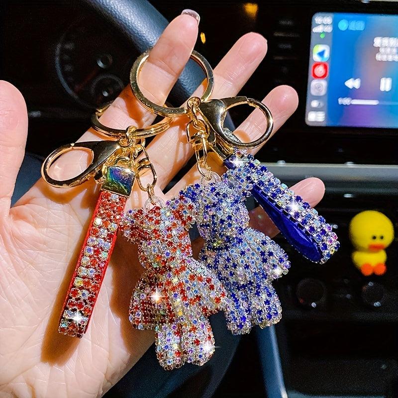 Inlay Artificial Diamond Bear Car Keychain