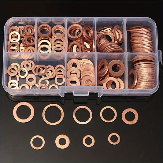 200pcs Copper Washer Gasket Nut Bolt Set Flat Ring Seal Assortment Kit