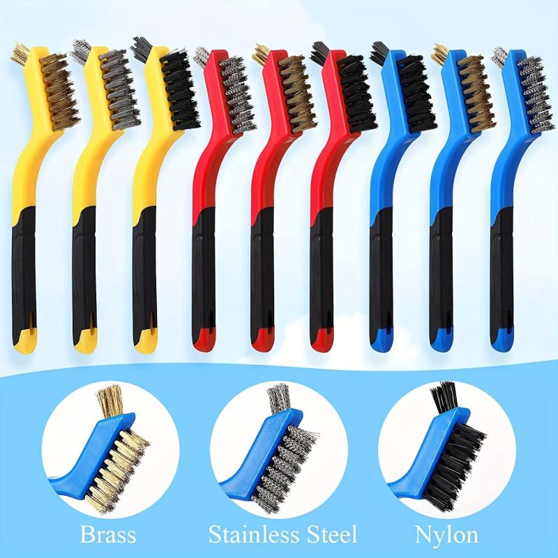 3Pcs Wire Brush Set with Curved Handle Grip for Rust Dirt & Paint Scrubbing
