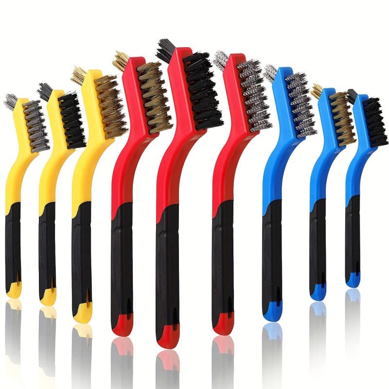 3Pcs Wire Brush Set with Curved Handle Grip for Rust Dirt & Paint Scrubbing