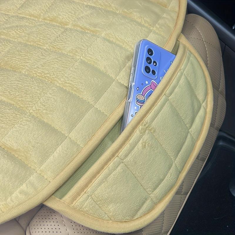 Plush Car Seat Cushion with Non Slip Bottom & Storage Pouch