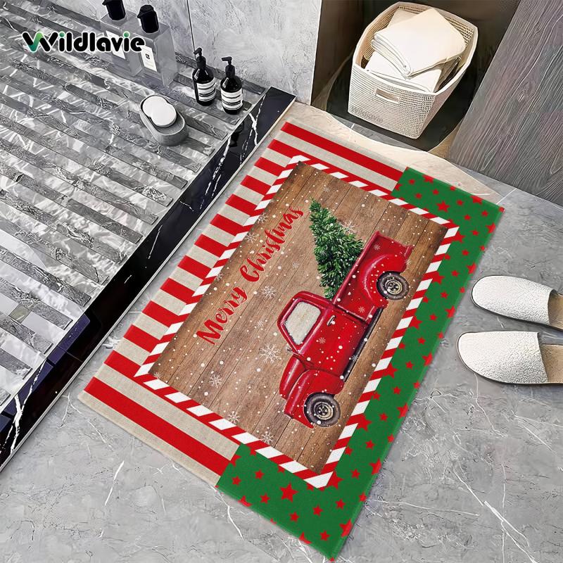 Indoor Doormat Merry Christmas Snowflake Red Truck Xmas Tree Non-slip Bath Mat