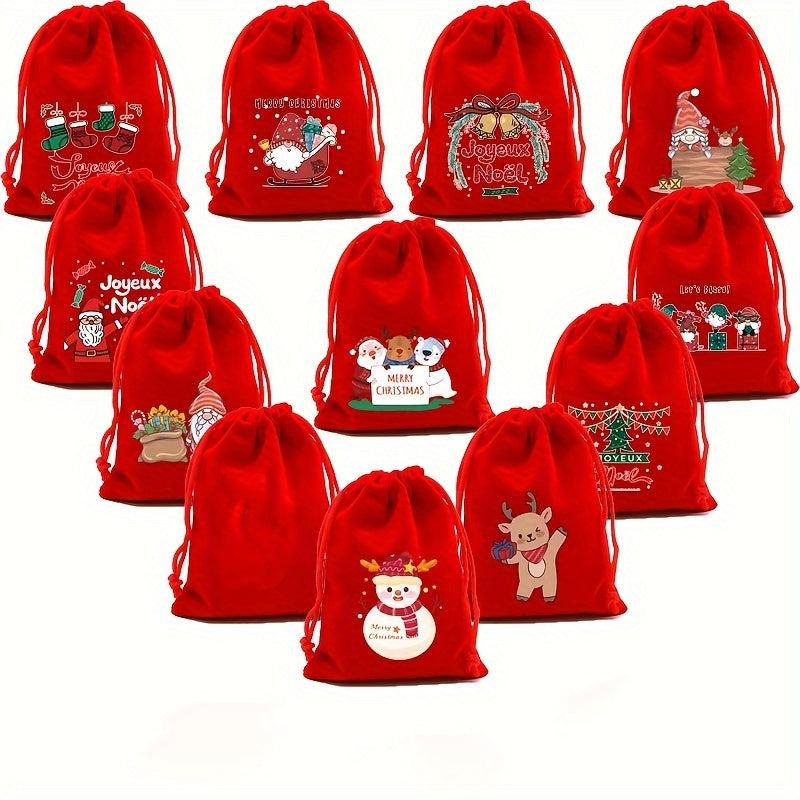 5pcs Red Christmas Velvet Bags 9x12 Drawstring Pouch Candy Gift Bag