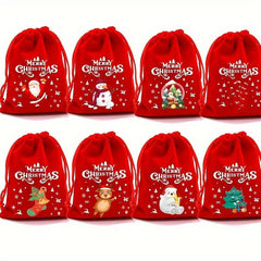 5pcs Red Christmas Velvet Bags 9x12cm Drawstring Pouch Candy Gift Bag