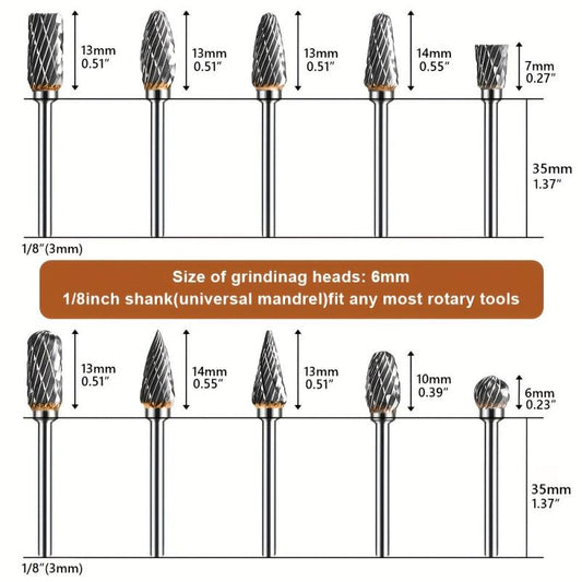 10pcs Tungsten Carbide Rotary Burr Set - 1/8 Inch Shank