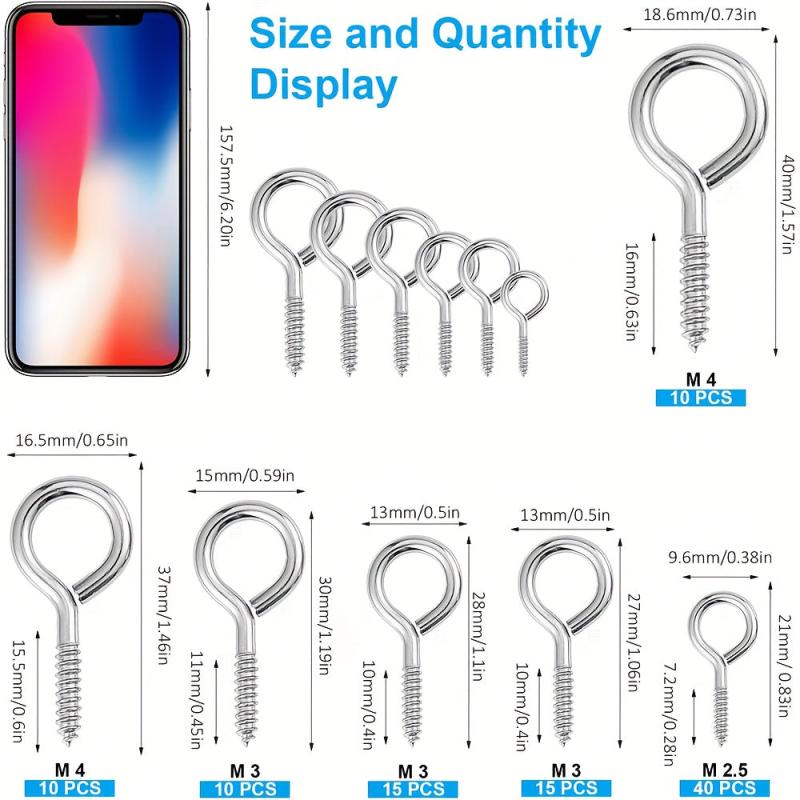 100pcs Screw Hook Ring Screw 6 Sizes Lagging Eye Bolt Eye Shaped Screw Hook Kit