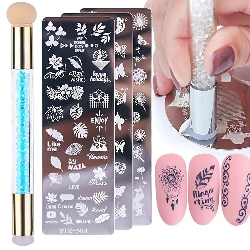Nail Stamping Plates Set with Silicone Brush Polish Transfer Stencils