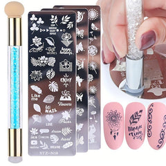 Nail Stamping Plates Set with Silicone Brush Polish Transfer Stencils