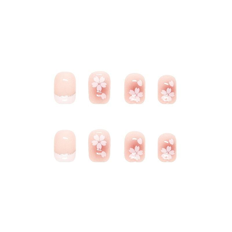 24pcs Coffin Shape Press On Nails Nude Pink with Flowers Trim Short Length