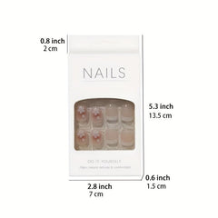 24pcs Coffin Shape Press On Nails Nude Pink with Flowers Trim Short Length